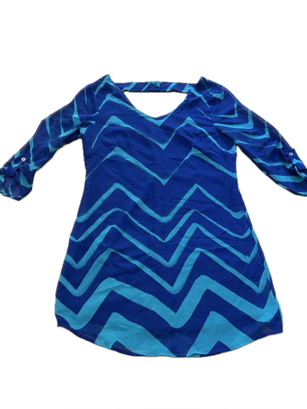 As U Wish Blue Chevron Tunic Dress Sz S EUC Open Back Roll Tab 3/4 Sleeve
